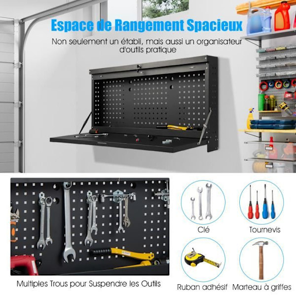 COSTWAY Wall Pegboard 2-i-1 Foldeværktøjsholder med rummelig hyldebelastning 50 kg 110 x 52 x 61 cm 90° Sidestang