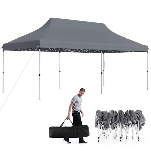 COSTWAY Folding Garden Gazebo 3x6M - UPF50+ Solskydd, Vattentät - Bärväska - 3 justerbar höjd - 15 till 20 personer - Grå