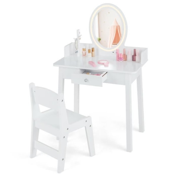 COSTWAY toalettbord för barn med stol, tvåfärgad LED-spegel, låda och trädformad smyckeskåp, 60 x 35 x 96 cm