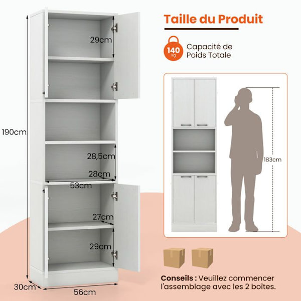 190 cm hög köksskänk - COSTWAY - Dörrar och hyllor - Säkerhetsgångjärn - Anti-tiltsats - Vit ek vit ek