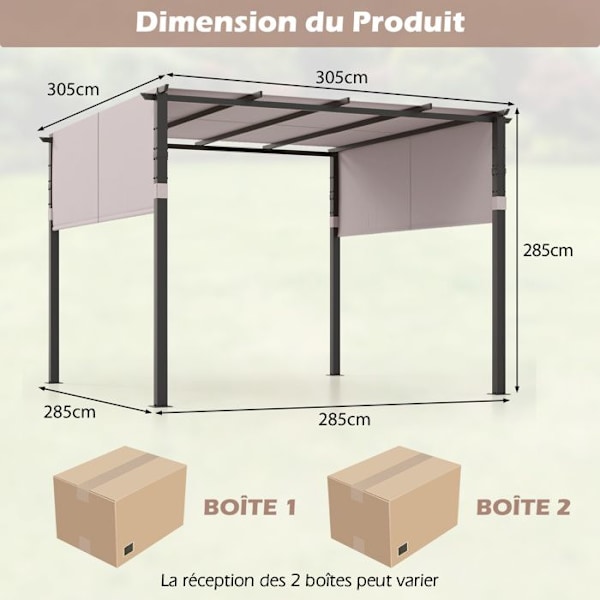 Puutarhapergola 305 x 305 x 215 cm COSTWAY-Sisäänvedettävä markiisi-2 käärittävää aurinkosuojaa 450x132cm-Tasakatto-Metallinen katos-Harmaa