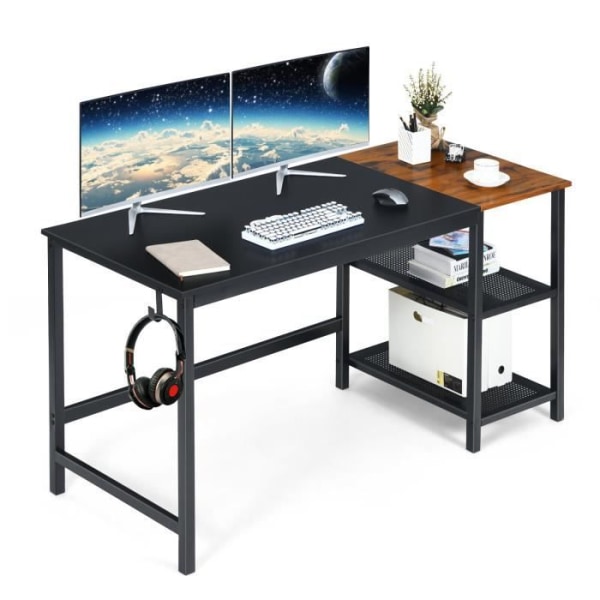 COSTWAY Skarvdatorbord med 2 förvaringshyllor, datorbord med hörlurskrok, 150x60x74cm, svart