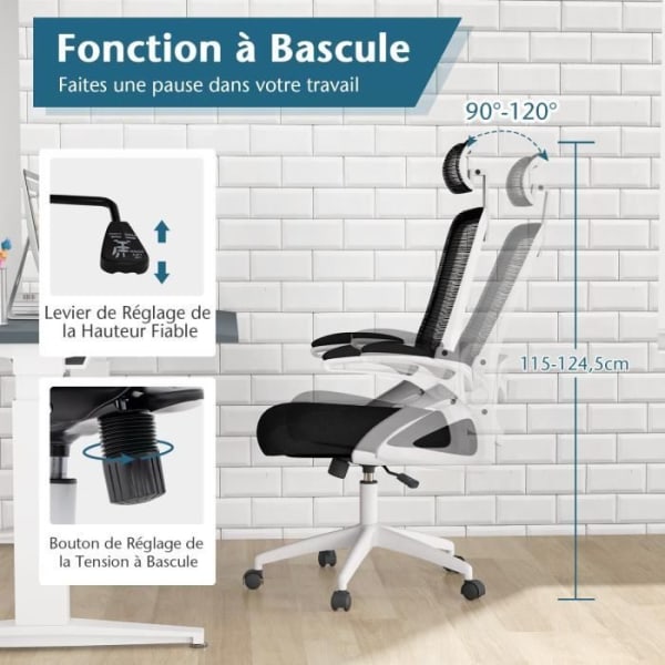 COSTWAY Ergonomisk kontorstol med justerbar lændestøtte, mesh-tilt tilbage, 64 x 64 x 115-124,5 cm, hvid Vit