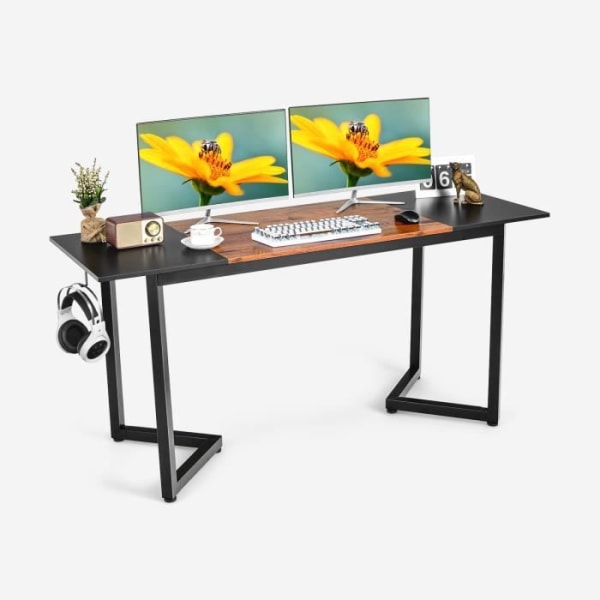 COSTWAY Stort datorbord 160 x 60 cm, med metallram och krok, rustikt svart och brunt skarvbord, modernt