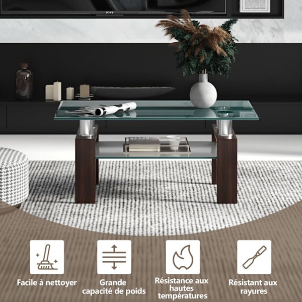 COSTWAY Sofabord med 2 Niveauer, Rektangulært Bord med Hylde, Tempereret Glasplade, Stålben, 99x60x44,5CM, Brun Brun