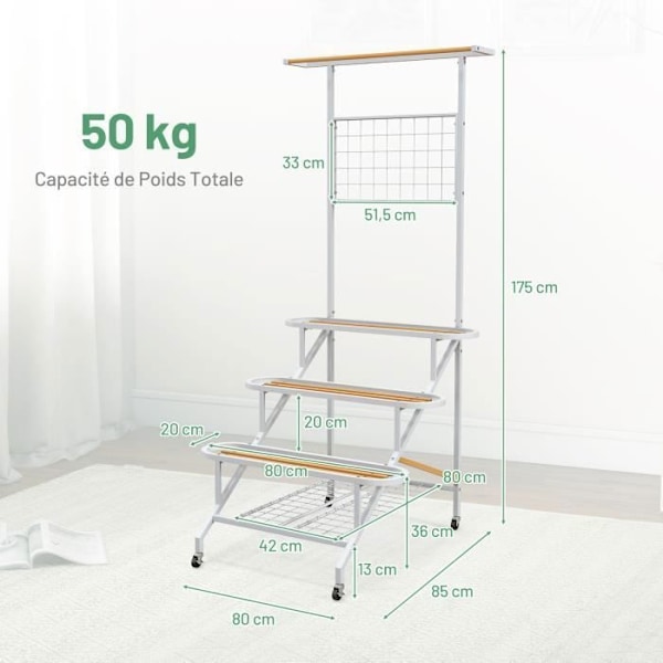 Planthylla på metallhjul - COSTWAY - Spaljé, hängstång, spjälhyllor