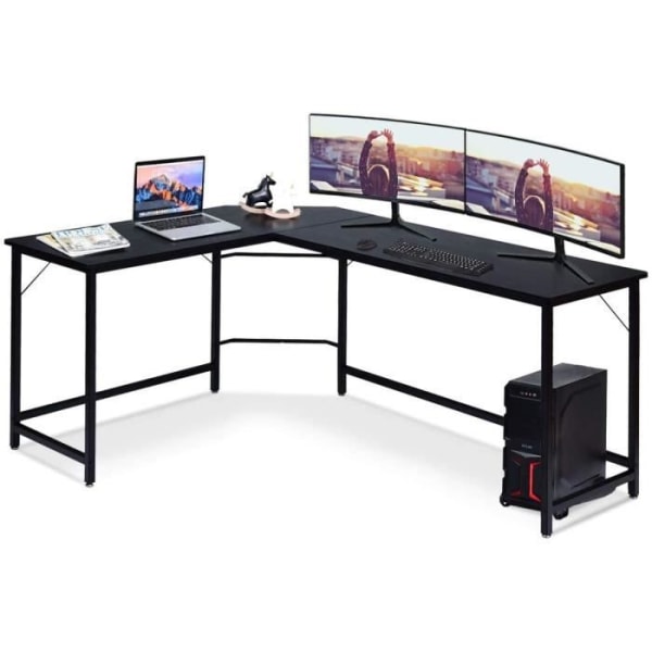 COSTWAY stort hjørneskrivebord L168 x B125 x H74CM - Op til 3 computere med CPU-understøttelse Industriel stil, metalstruktur l Sort Svart