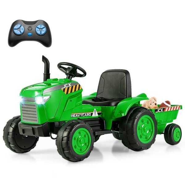 COSTWAY El-traktor 12V 7AH - 2,4G Fjernbetjening, Fjederophæng, LED, Horn, Soft Start, 3 - 8 År, Grøn