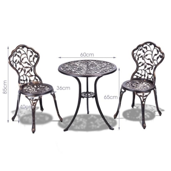 COSTWAY Trädgårdsbord och 2 stolar i aluminium Set i gjuten brons och svart Antik trädgårdsbistroset