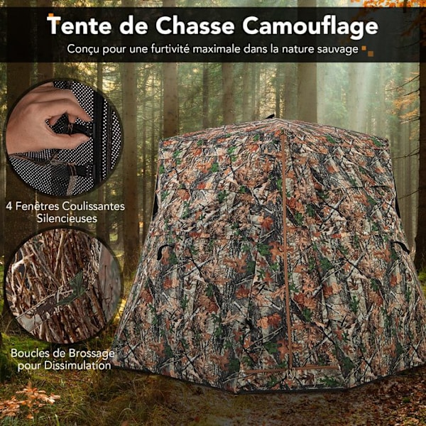 COSTWAY Camouflage 2-3 personers pop-up jagttelt - 4 klare envejspaneler - 4 vinduer, gardin - bærbar taske