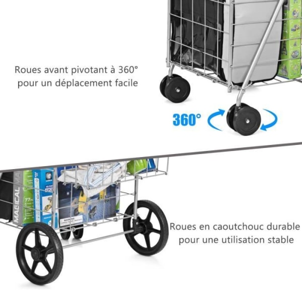 COSTWAY hopfällbar shoppingvagn med 4 metallhjul, 360° vridbar, 2 korgar (100L + 22L), kapacitet 40KG, svart kundvagn