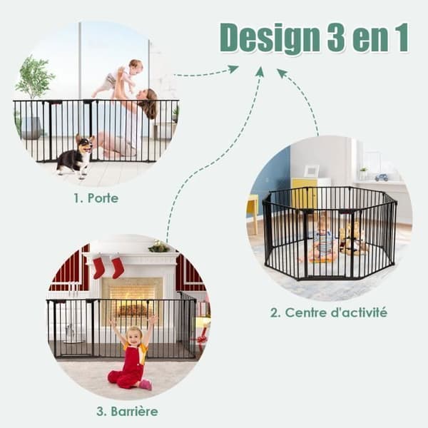 COSTWAY Børnesikring - Pejsesikring 500 cm - 8 Foldbare Paneler - Låsesystem - Nem Montering - Sort Svart