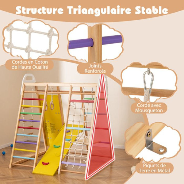 COSTWAY 8 i 1 Spilestation i Træ til Børn med Reversibelt Rutsjebane, Montessori Klatreleg Med En Kapacitet på 240KG, Farverig