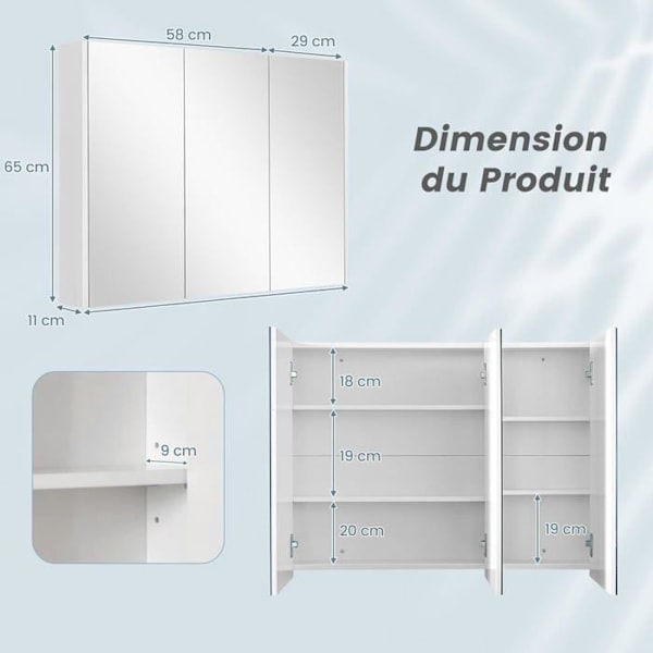 COSTWAY Badeværelsesskab med spejl og 3 døre 90x11x65 (LxBXH) CM Toiletopbevaringsenhed med vægspejl