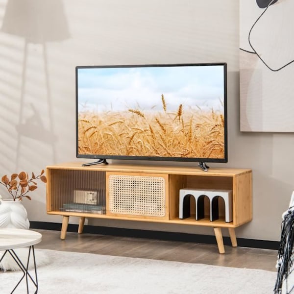 COSTWAY Bamboo TV-ställ för 55" TV med 4 fack, 4 massiva träben, 2 skjutdörrar i rotting och härdat glas