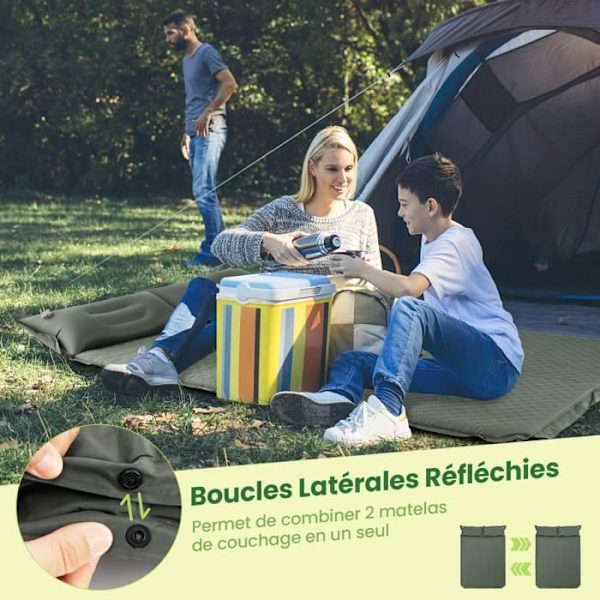 COSTWAY 2-personers selvoppustelig campingmadras med 2 puder 187x131x4 CM, Vandtæt PVC bærbar taske, Vandreture, Grøn