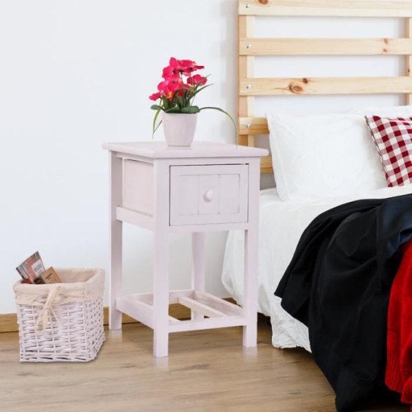 Sängbord Nattduksbord sovrum byrå med 1 låda 1 korg i vit flätad 28 x 31 x 45 cm i Paulownia Wood