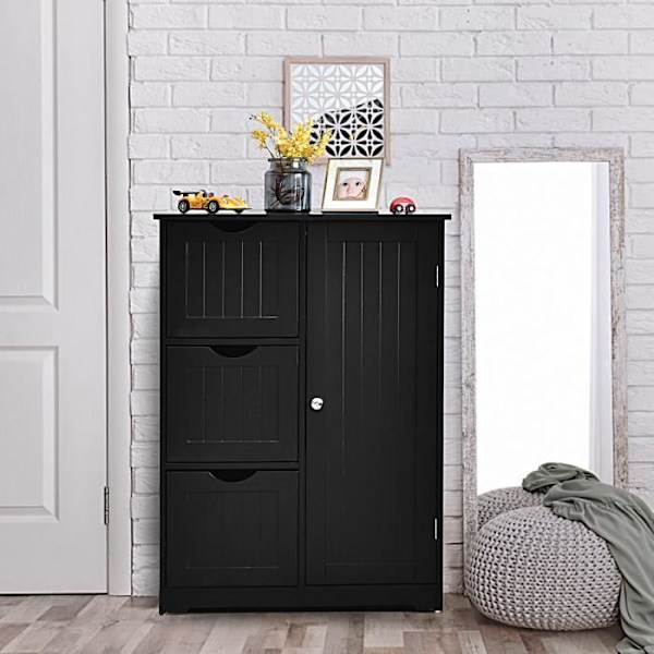 COSTWAY puiset kylpyhuonekalusteet, 3 laatikkoa ja 1 kaappi, säilytystila olohuoneeseen, makuuhuone, 60 x 30 x 81 cm, musta Svart