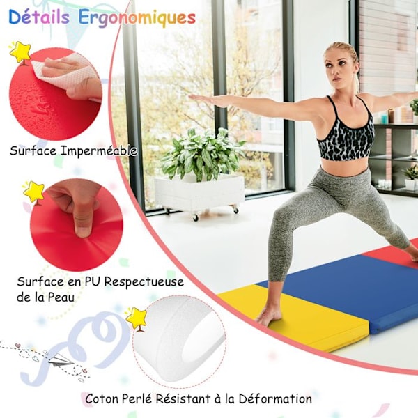 COSTWAY Foldable Gym Mat - 180 x 60 x 5cm - 3 Fold with Handle - Hook and Loop Fasteners - Waterproof PU Filling EPE - Colorful