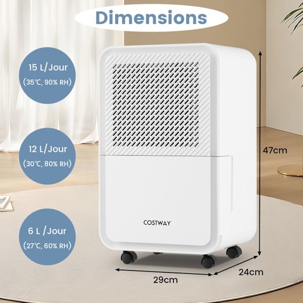Affugter 15 L/Dag COSTWAY-20 M²-4 Tilstande-Timer 24 T-Bluetooth LED-Kontinuerlig/Manuel Tømning-Automatisk Tøfrsning