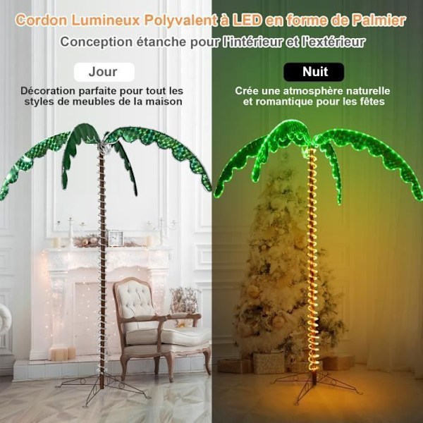 COSTWAY LED konstgjord palm 218 cm höjd inomhus och utomhus kokosnötsmönsterlampa, med hopfällbar bas, 60Hz/8W