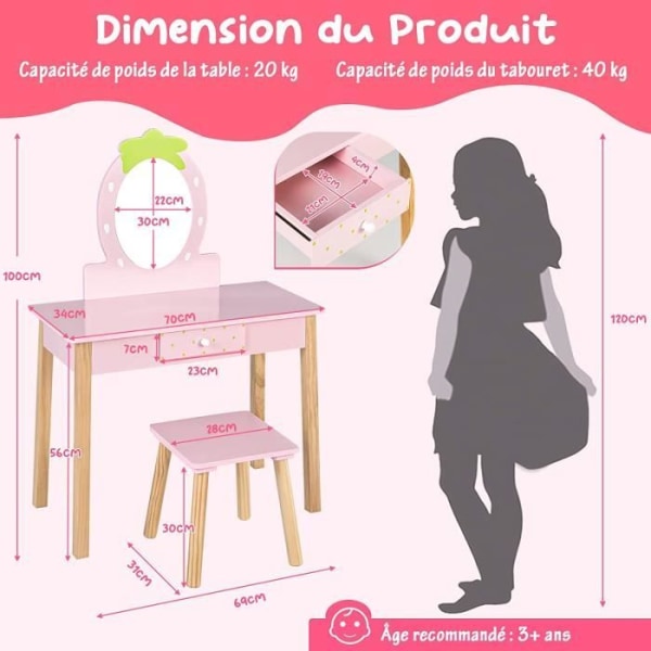 COSTWAY Sminkbord för barn - Avtagbar spegel med kampall och låda, i eukalyptusträ och rosa MDF för tjejer