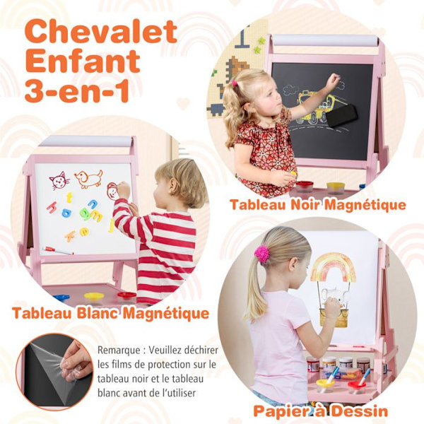 COSTWAY Kunstnerstaffeli 3 i 1 - Magnetisk Tavle i Sort & Hvid, Papirrulle & 2 Stofbeholdere til Børn 3-6 År Rosa Grön