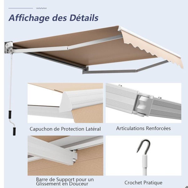 COSTWAY Markis Markis Manual Infällbar markis 245x200CM Justerbar vinkel 40°-100° utan borrning för fönster/balkong/trädgård Beige