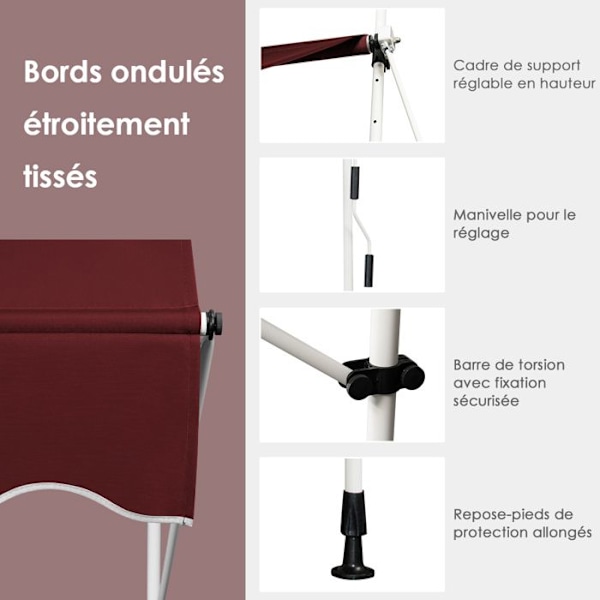COSTWAY Butiksbanner Manuel Erhverv Uden Bor 150x125CM-Hjørne, Højde Justerbar-i Metal og Stof-Vindue, Balkon, Have-Rød