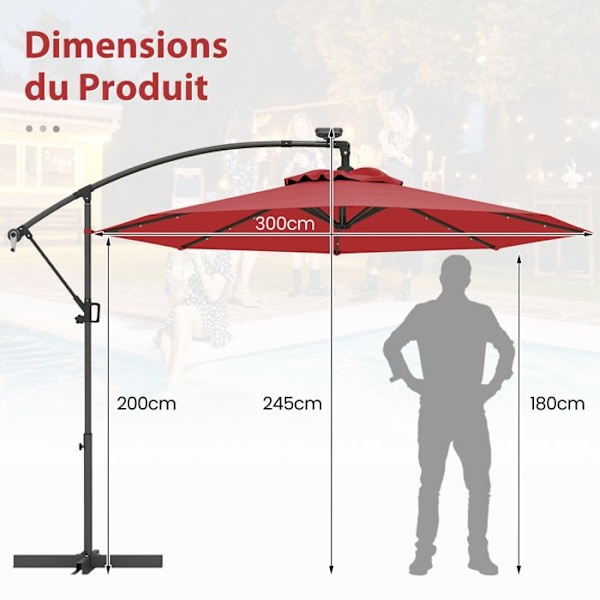 Parasoji Δeporté φ300 x 245cm - COSTWAY - 32 LED:llä - Ristikkotuki - Kallistussäätö - Mekaaninen kammio - 360° kierto - Punainen