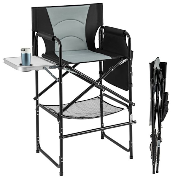 COSTWAY Høj Foldbar Havestol 116,5 cm med F oldbar Sidebord og Fodstøtte, Krus-holder, Netopbevaringspose svart och grått