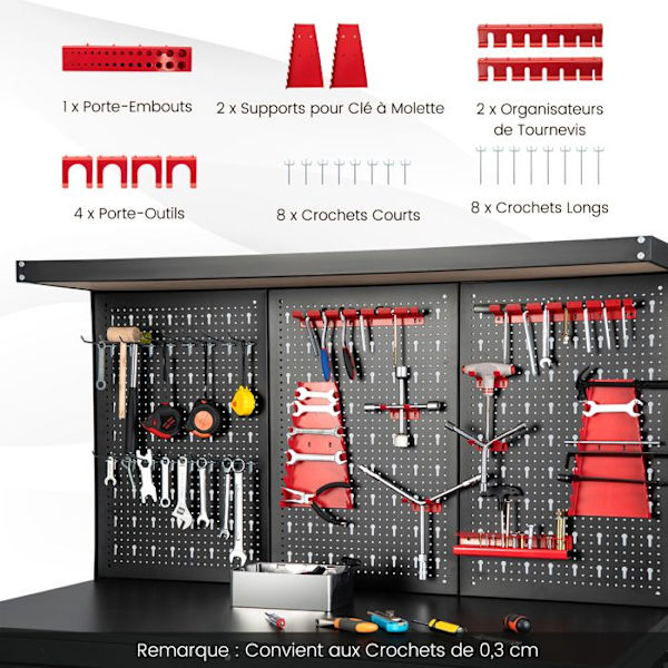COSTWAY Workshop -työpöytä - Pegboard - 25 työkalupidikettä - Säilytyslaatikko - Hyllyt - 121 x 61 x 156 cm - Kantavuus 435 kg - Musta + Punainen Svart+röd