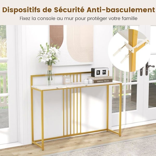 COSTWAY Marble Print Console Bord - 120 x 32,5 x 88 CM - Guld Metallram Modern skandinavisk stil hallmöbler Vit + guld