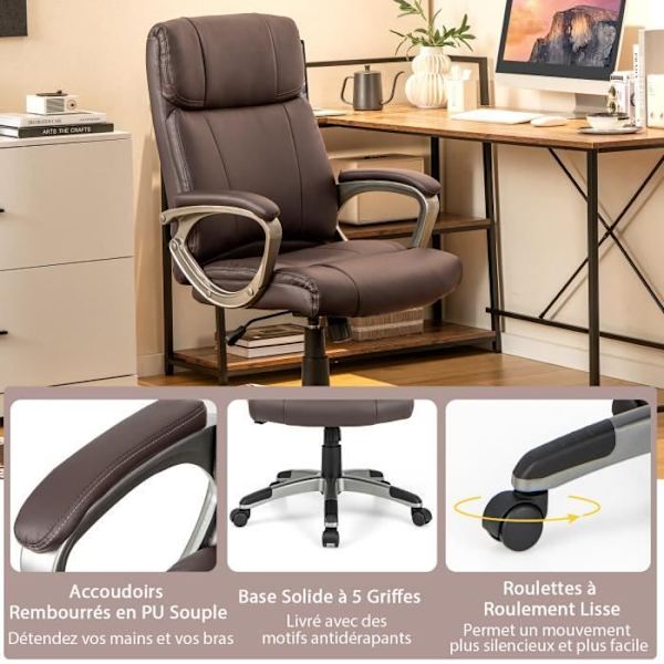 COSTWAY Ergonomisk kontorsstol i PU-läder, justerbar sitthöjd 47-57cm, max 160 kg, brun kastanj