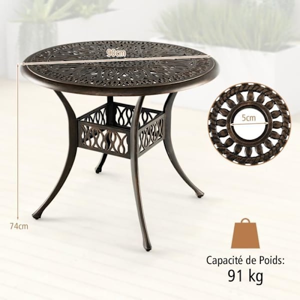 COSTWAY Rund Havebord i Støbt Aluminium 90x90x74CM med Parasolhul 5CM Udendørs Bord med Justerbar Skridsikker Fod