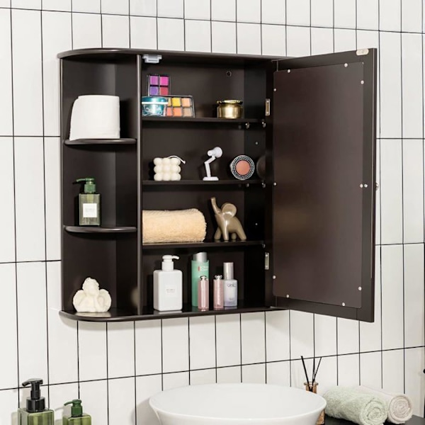 COSTWAY Badeværelsesvægskab med spejl Toiletopbevaring med dør og 6 hylder 65 x 17 x 64 cm Brun kastanj