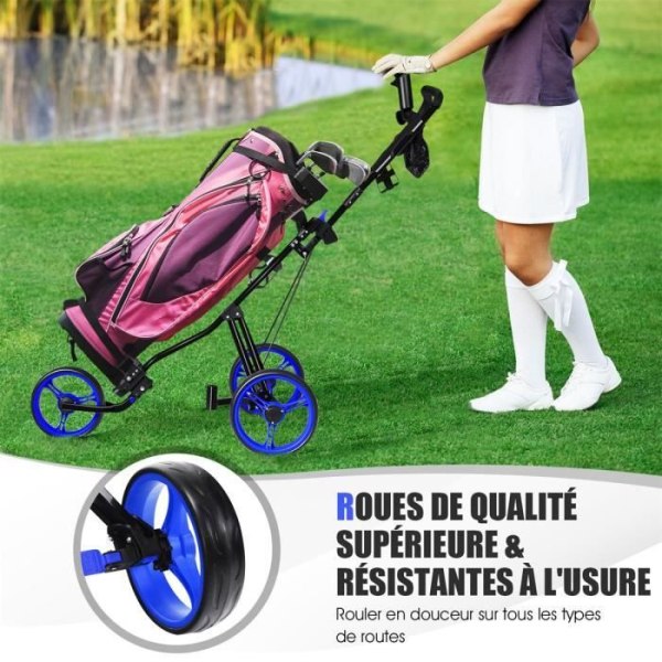 COSTWAY hopfällbar golfvagn-skjut/drag-3 avtagbara hjul-pall, justerbart handtag-instrumentbräda-mugghållare-blå