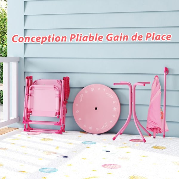 COSTWAY Picnicbord 4 Stykker til Børn - 2 Foldestole - en Højderegulerbar Parasol 120-128cm Rosé