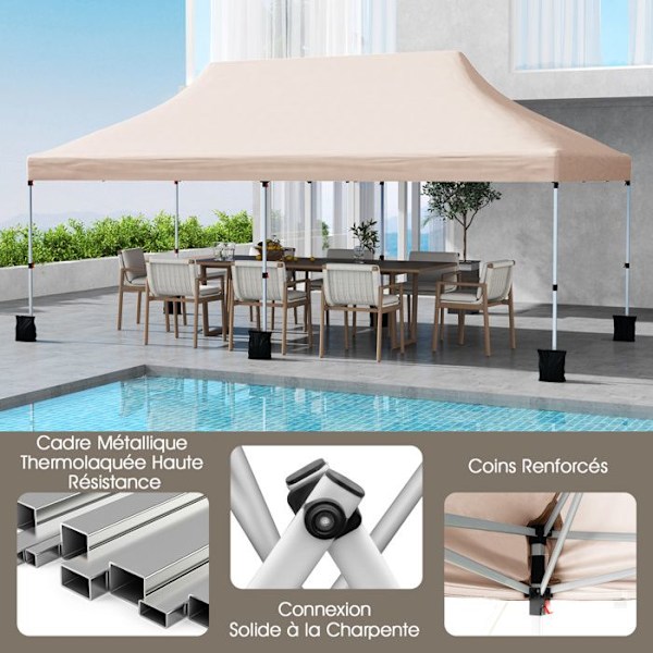 COSTWAY Sammenklappelig Have Telt 3 x 6M - Pop-up 6 Sandposer - Solbeskyttelse - Justerbar Højde til Fest, BBQ Beige