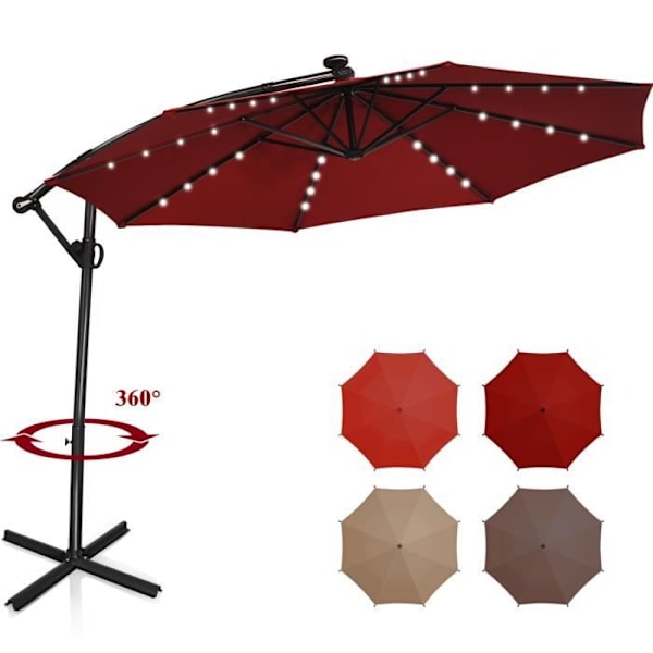 COSTWAY Parasolfad 3M 24 LED Solarlamper Rotationsvinklet 360°Krydssokkel, Vender, Justerbar vinkel Aluminiumsøjle Bourgogne Röd