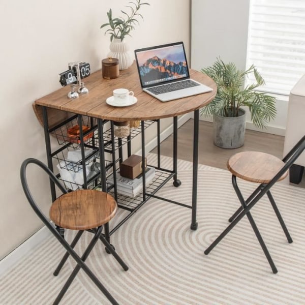 COSTWAY utdragbart matbord, 2 stolar, hopfällbart ovalt bord på hjul med 4 korgar och 2 hyllor Rustikbrun