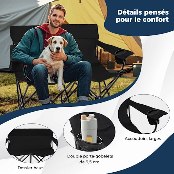 COSTWAY Havebord Foldbar 2 Personer, Kopholder, Transporttaske, til Camping Strand Fiskeri Rejse, Belastning 300 kg, Sort Svart