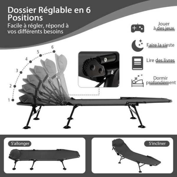 COSTWAY kokoontaitettava telttasänky 194 x 69 x 29 cm, 6 asentoon säädettävä selkänoja, irrotettava patja ja tyyny, 200 kg, harmaa