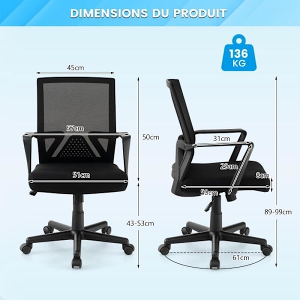 COSTWAY drejelig kontorstol med lændestøtte og vippende ryg, Ergonomisk mesh-lænestol med armlæn, sort svart