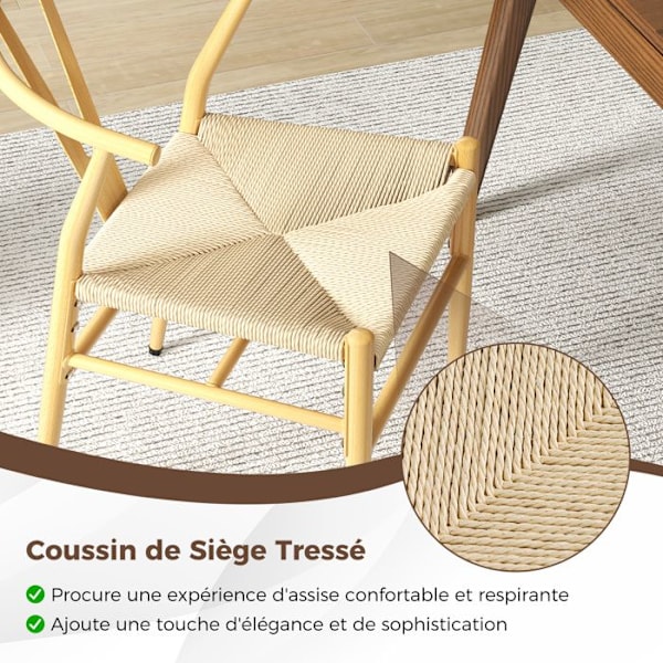 COSTWAY 2-pack fåtöljer med Y-rygg - Sittplats i flätad snöre 46 x 40 cm för matsal, kök, kontor naturlig