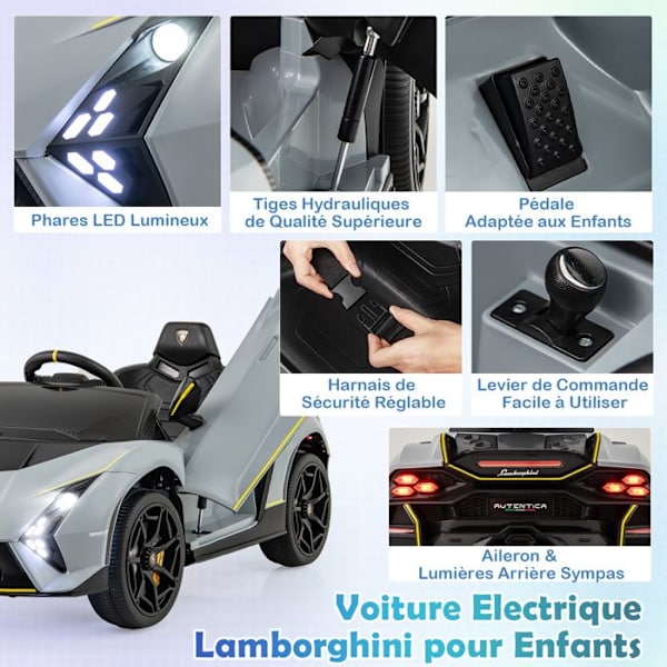 Lamborghini COSTWAY Licenseret børnebil, 4-hjulstræk & fjernbetjening & lygter 3 hastigheder 114,5 x 64 x 45,5 CM Grå