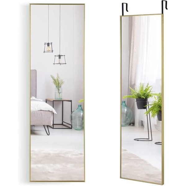 COSTWAY Vägg/dörrhängande spegel - 120 x 37 CM, Hellängdsspegel med justerbara hängkrokar, guld