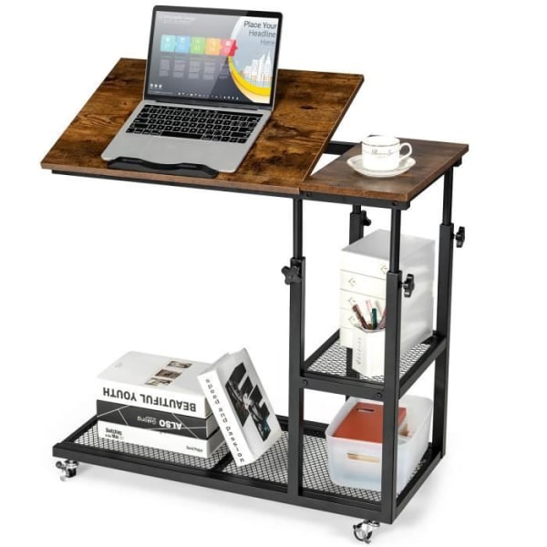 COSTWAY C-formet sidebord, justerbar top, låsehjul, stålstel, industriel stil, brun