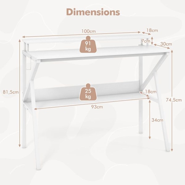 COSTWAY Lille Kompakt Skrivebord med Monitorstøtte - Hængende Krog - Opbevaringshylde til Arbejde, Studie 100 x 48 x 81,5cm