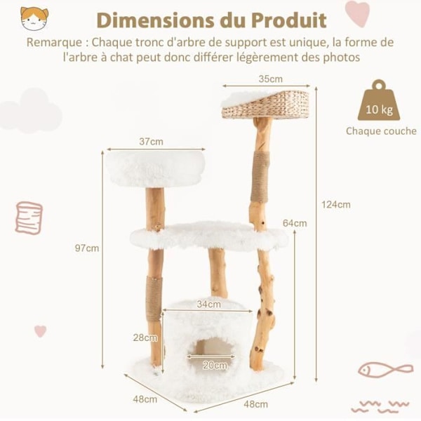 COSTWAY 124 cm trækattetræ med Cattail Top Aborre og Condo, Cat Tower med behagelig blød pude